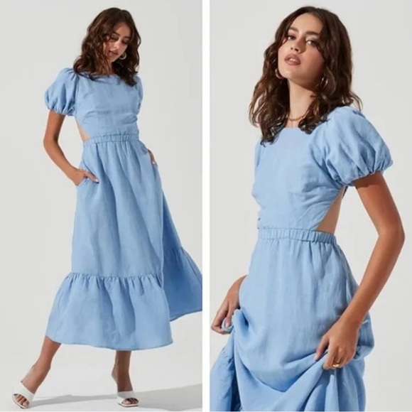 NWT - ASTR The Label - Jelena Back Cutout Puff Sleeve Midi Dress - Picture 2 of 7